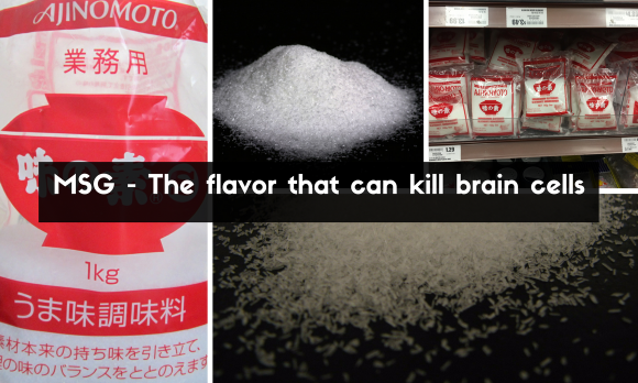 Collage of a pack of glutamate, heap of glutamate and more packages with text. Collage of a pack of glutamate, heap of glutamate and more packages with text.