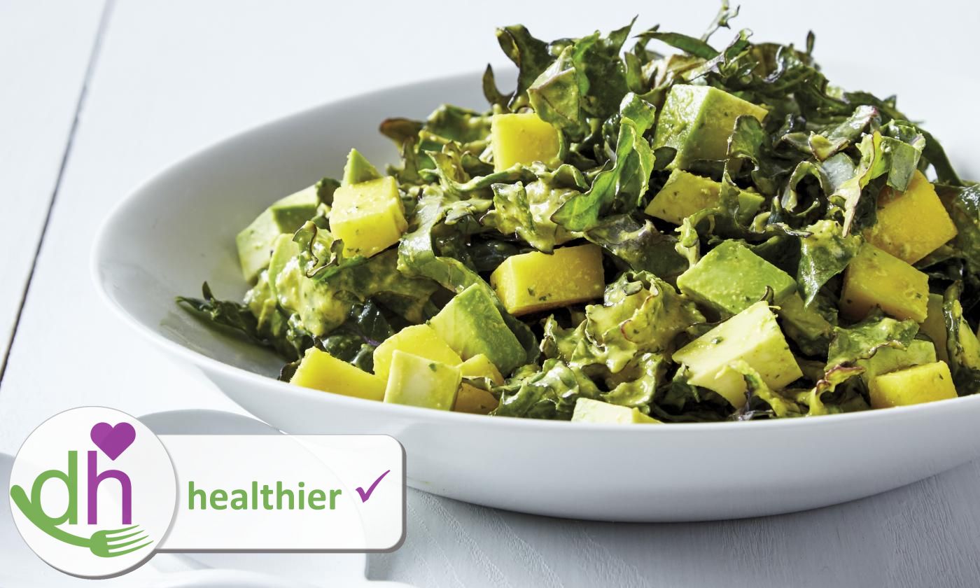Image of the original recipe "Mango-Avocado-Kale Salad" from "The How Not To Die Cookbook" (p. 81)