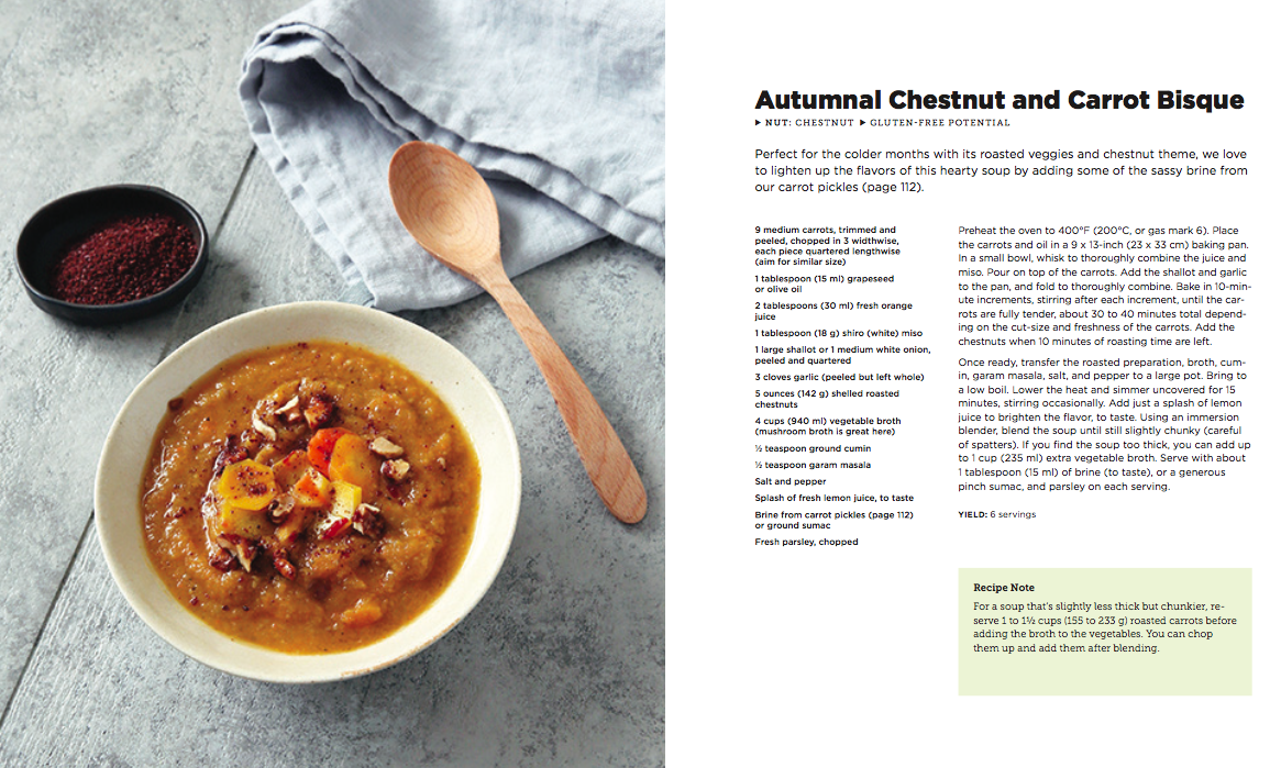 Recipe “Autumnal Chestnut and Carrot Bisque” from “Vegans Go Nuts,” p. 120–21