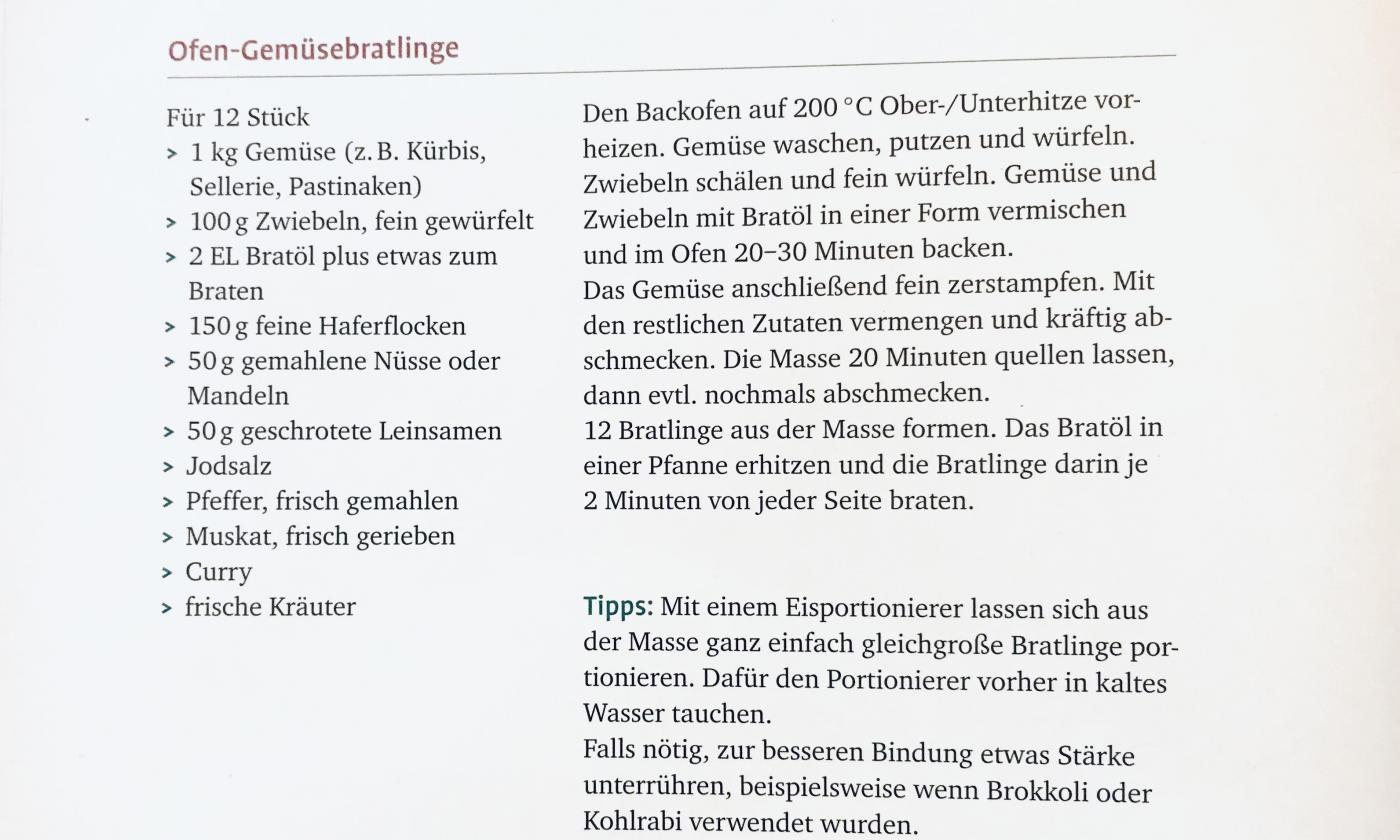 Rezept "Ofen-Gemüsebratlinge" aus dem Buch "Vegane Kinderernährung", Seite 152.