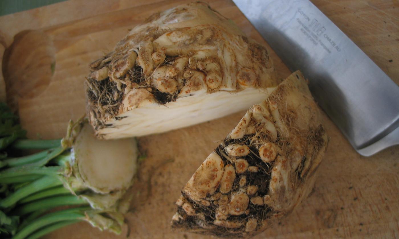 Sedano rapa crudo (Apium graveolens) tagliato a metà su un tagliere di legno.