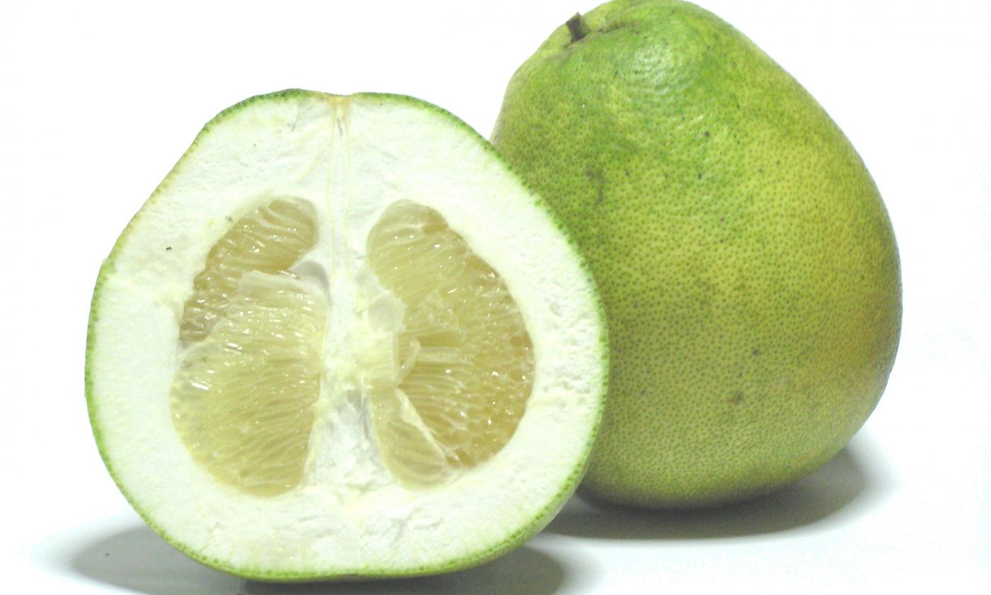 Eine halbierte und eine ganze Pampelmuse, roh - Citrus maxima. Eine halbierte und eine ganze Pampelmuse, roh - Citrus maxima.