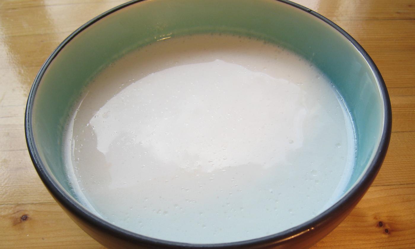 Kokosmilch ist Fruchtfleisch mit Wasser püriert, hier in Schüssel. Kokosmilch ist Fruchtfleisch mit Wasser püriert, hier in Schüssel.