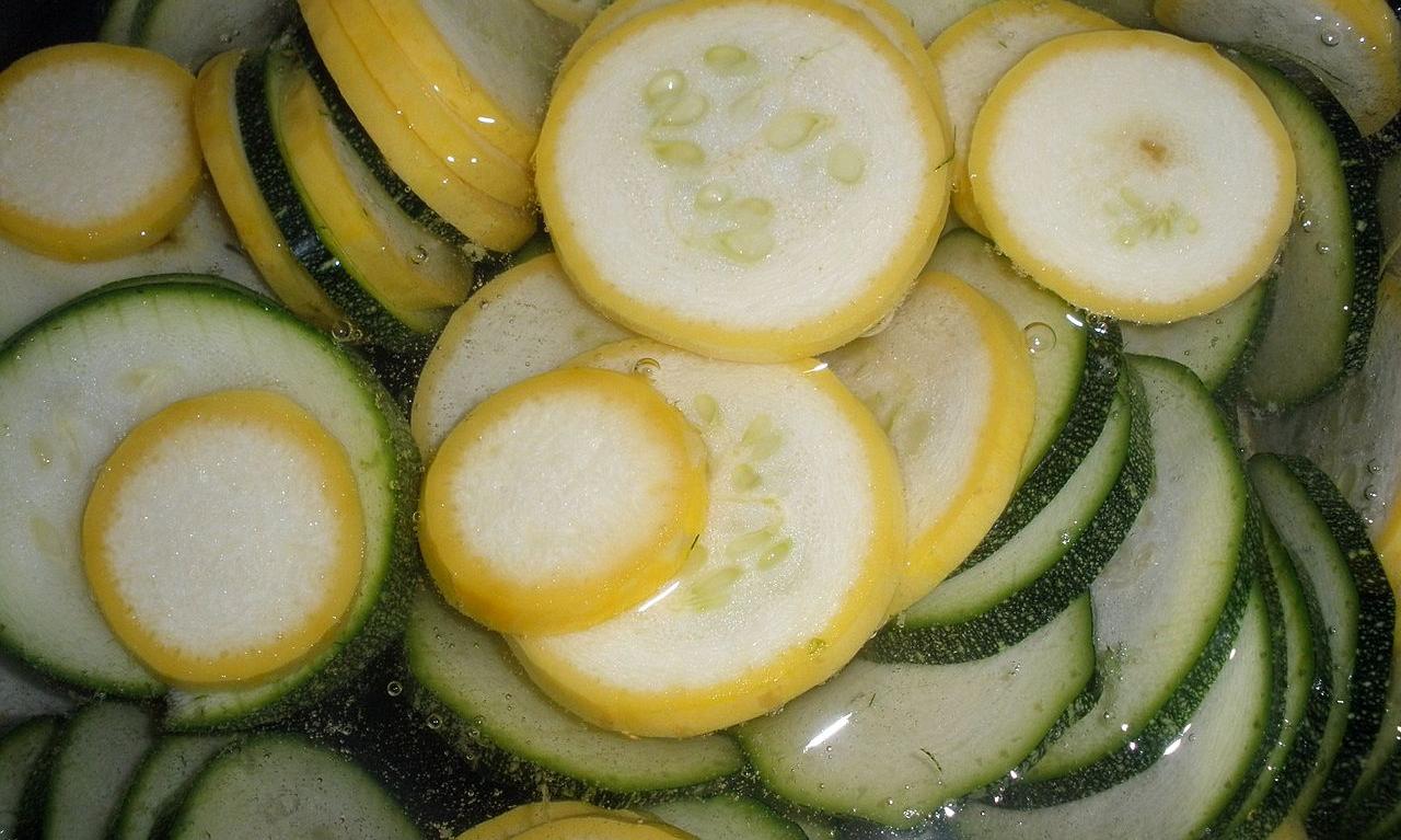 In Scheiben geschnittene Varietäten der Sommerkürbisse, darunter auch die Zucchini. In Scheiben geschnittene Varietäten der Sommerkürbisse, darunter auch die Zucchini.