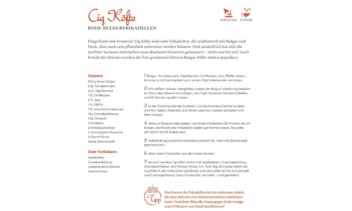 Rezept "Rohe Bulgurfrikadellen" aus dem Kochbuch "Orient trifft vegan", Seite 79.