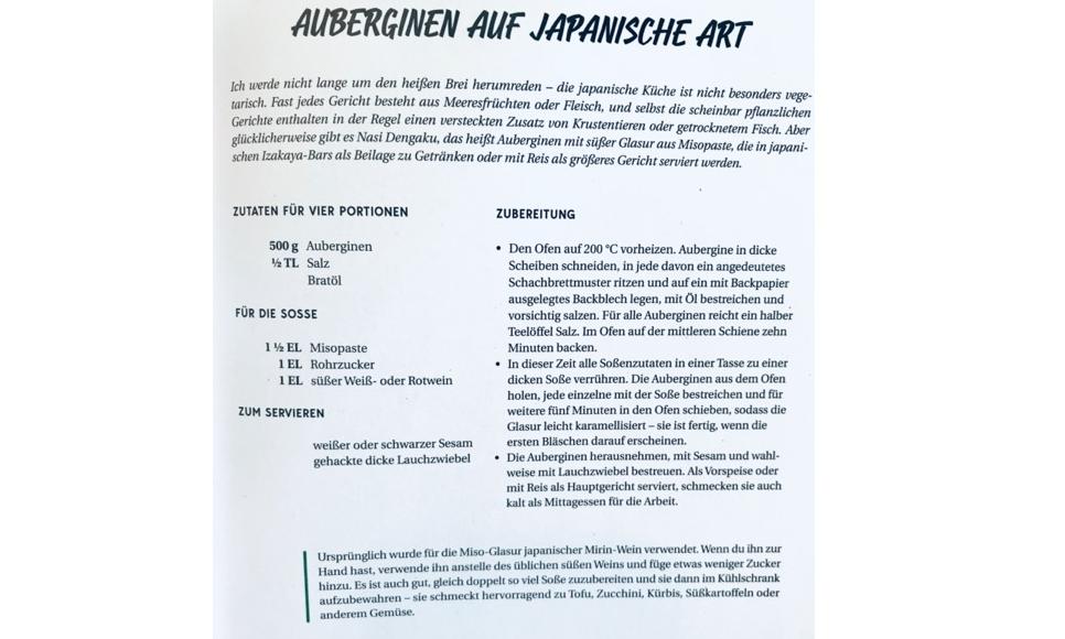 Recipe "Japanese-style eggplant with miso paste" from "Zurufantly vegan international", p. 97.