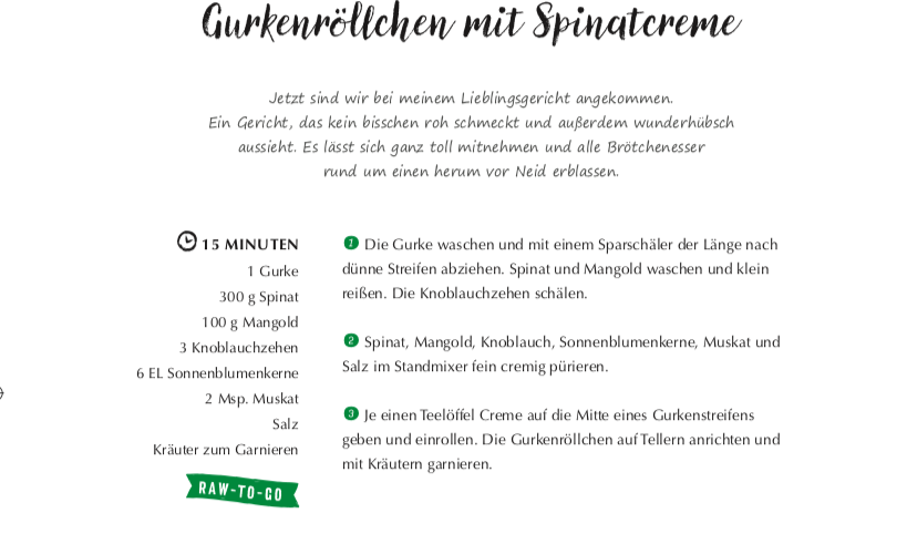 Recipe "Cucumber rolls with spinach cream" from "Rohgenuss" by Michaela Russmann, page 114
