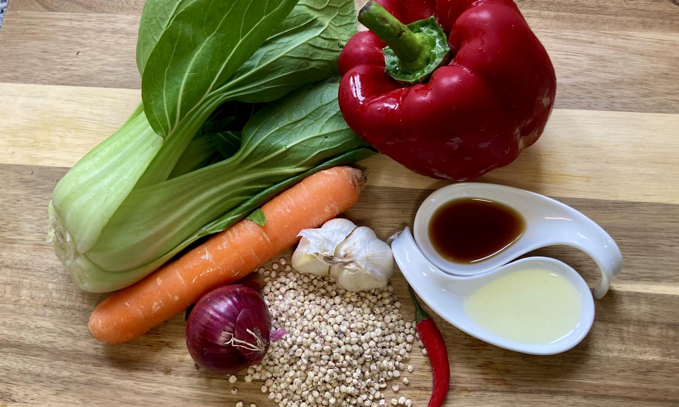 Picture of the ingredients provided for the "Sorghum millet with colorful vegetables".