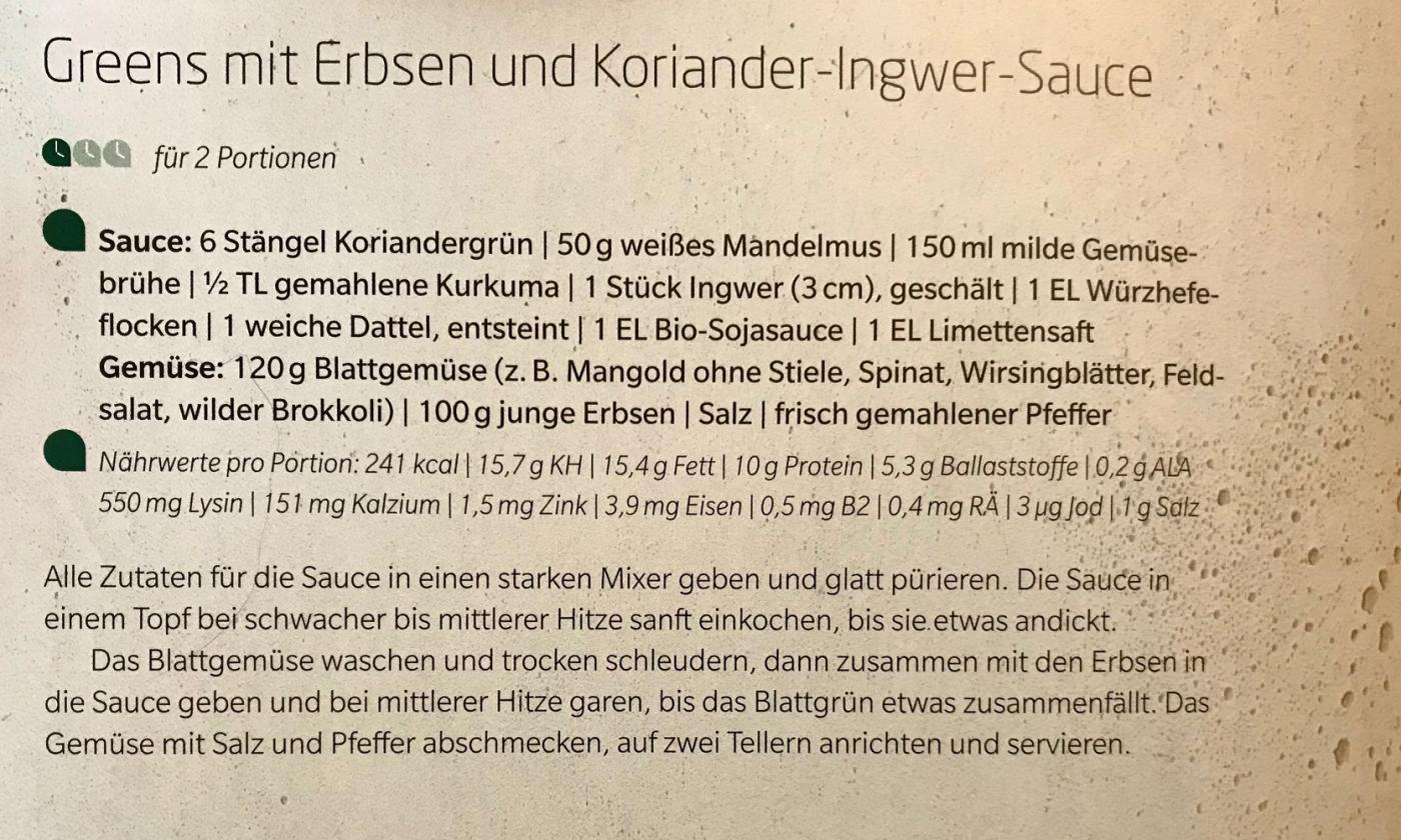 Recipe "Greens with peas and coriander-ginger sauce" from "Goodbye vegan cliché! The cookbook", p. 180