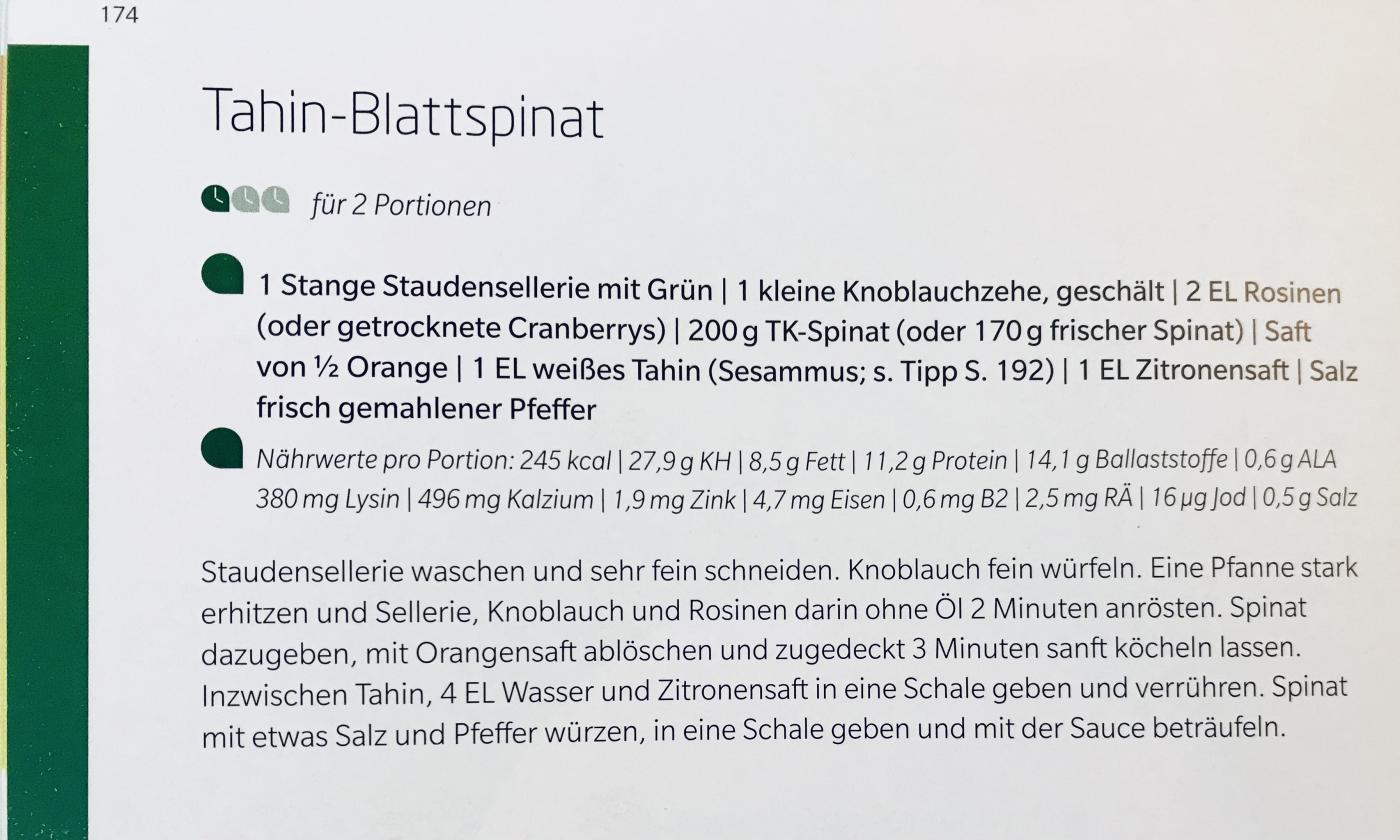 Rezept "Tahin-Blattspinat" aus dem Buch "Vegan-Klischee ade! Das Kochbuch", Seite 174.