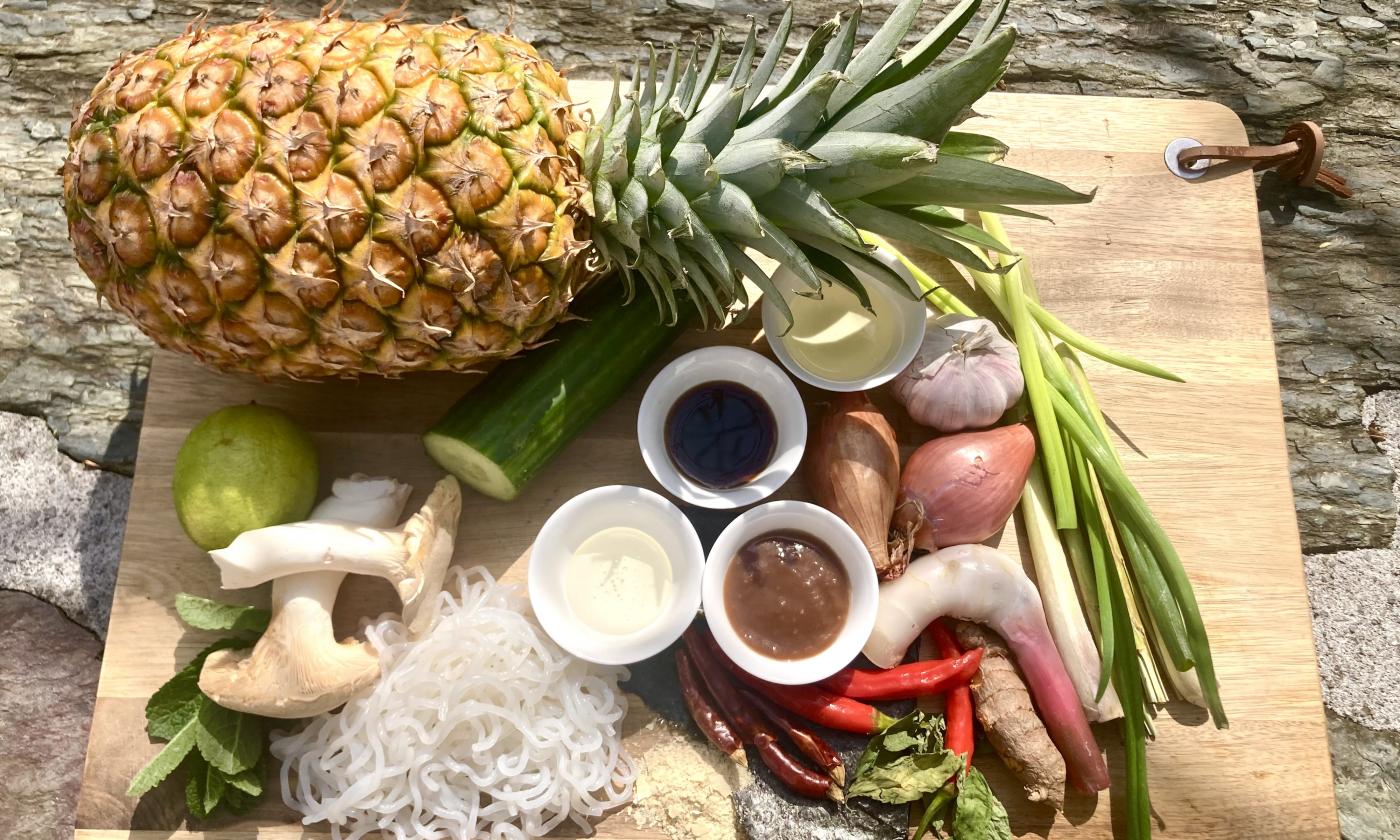 Bereitgestellte Zutaten für die "kalorienarme, vegane Penang Assam Laksa mit Shirataki Nudeln".