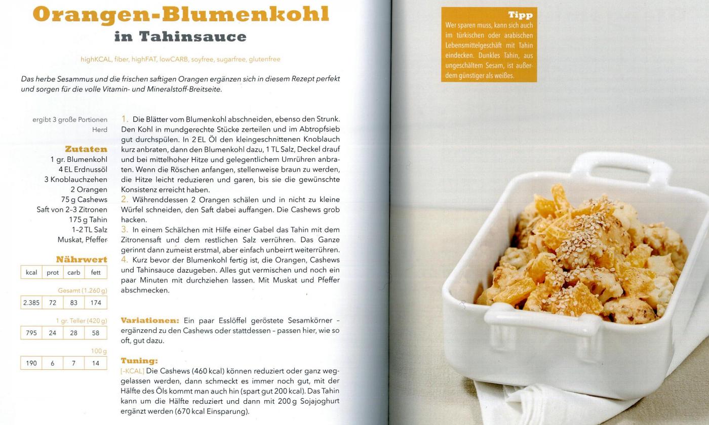 Original Rezepttext "Orangen-Blumenkohl in Tahinsauce" aus dem Buch: "Kick it vegan!" Seite 210.