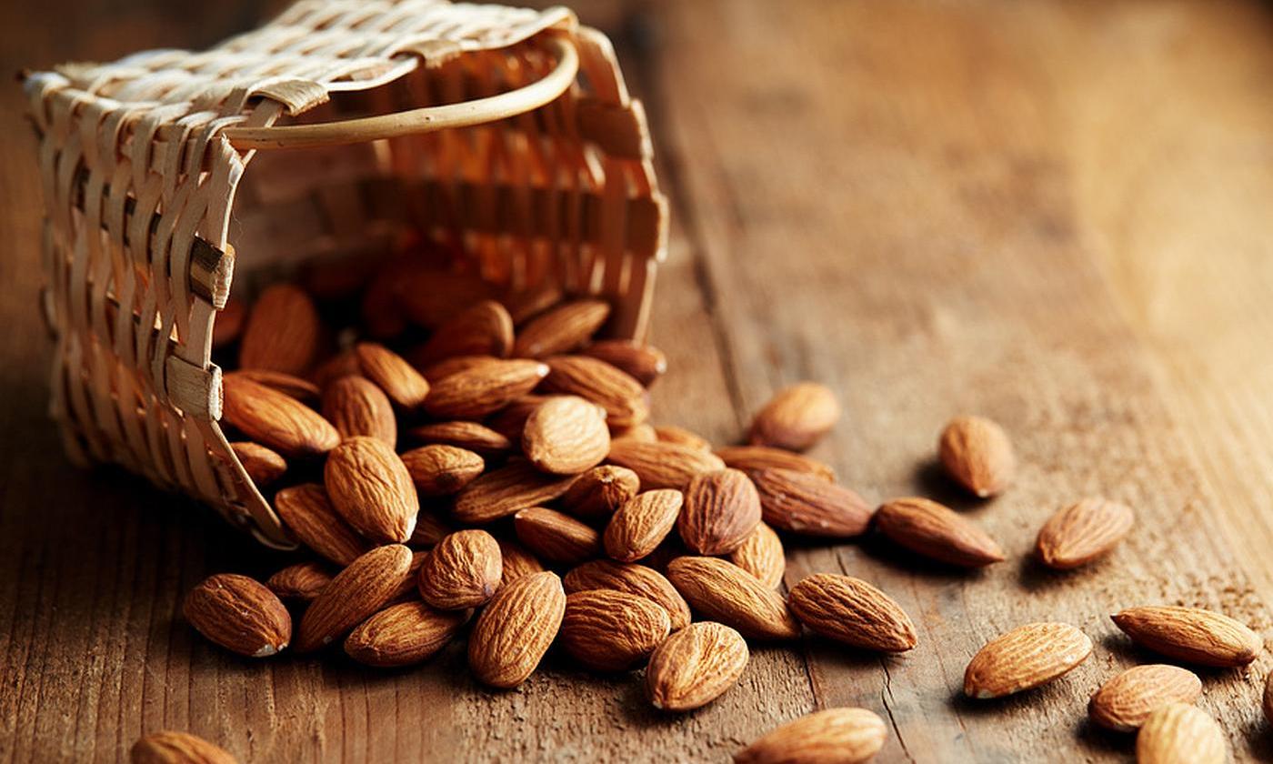 Almonds—Prunus dulcis—spilling out of a small basket onto a wooden table. Almonds—Prunus dulcis—spilling out of a small basket onto a wooden table.