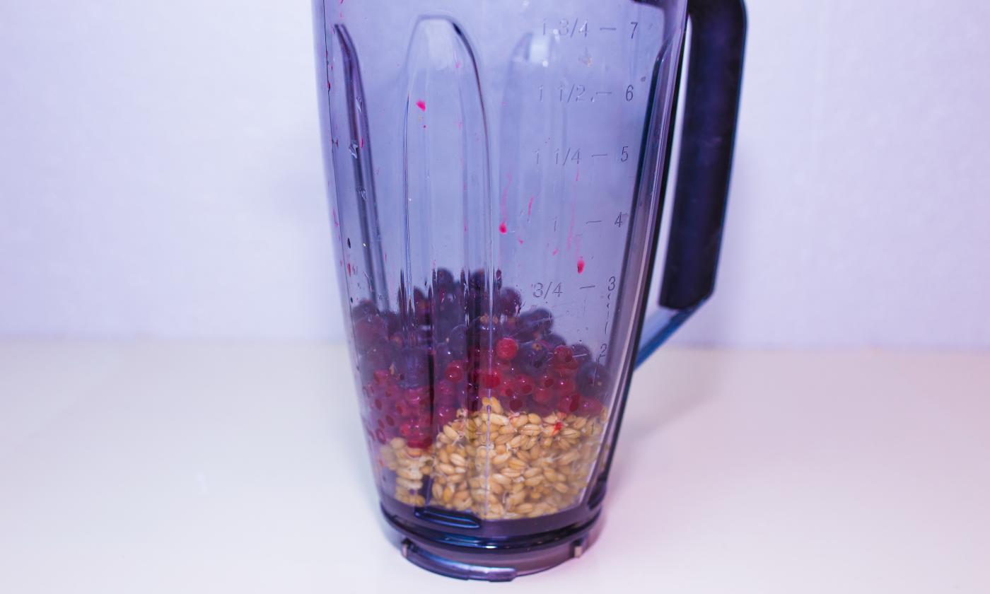 Ingredientes para el "batido de frutos rojos" en la licuadora - antes de agregar el agua.