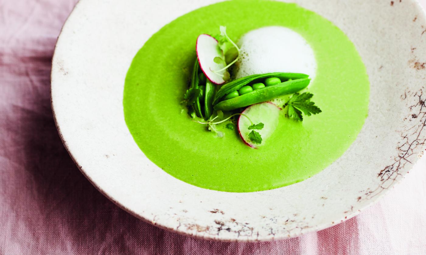 Pea and Herb Soup with Almond Foam from “Plants Taste Better” by R. Buckley, p. 45