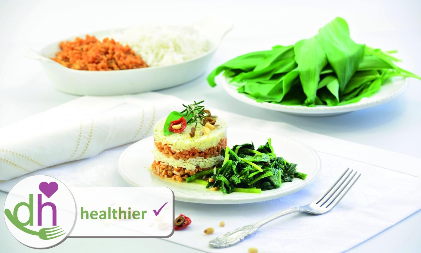 Originalbild "Pikante Reis-Dinkel-Törtchen an Bärlauch-Spinat" aus Vegane Fitness-Küche.