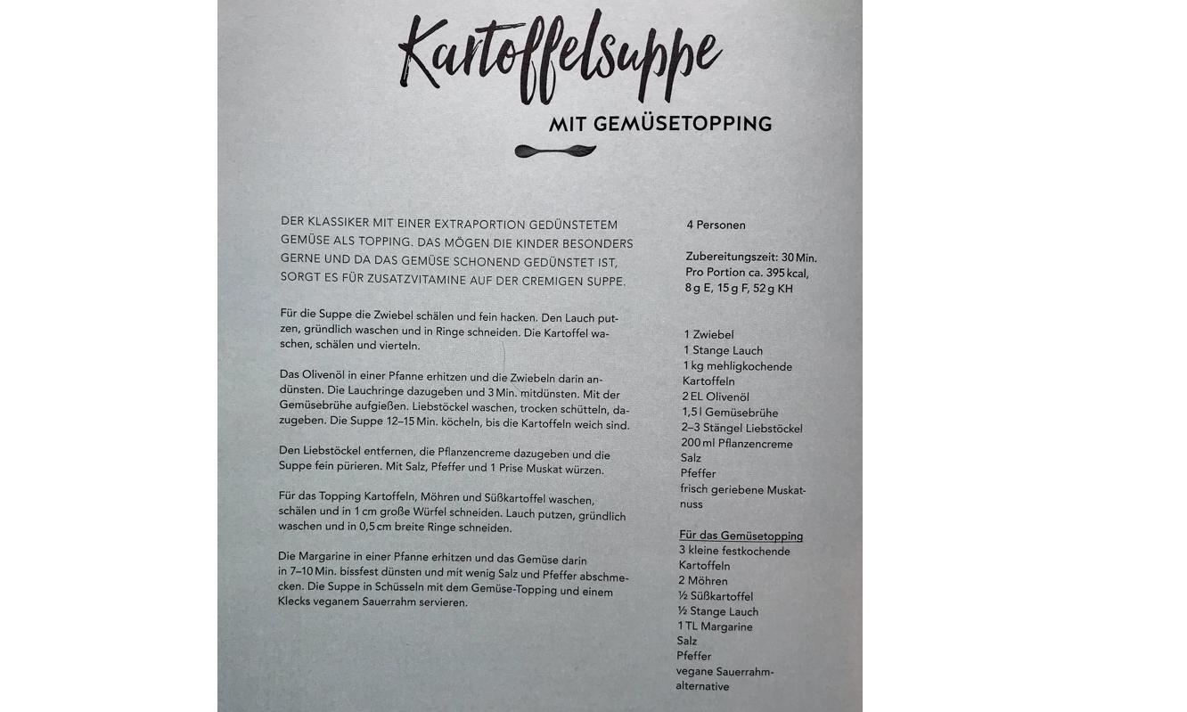 Rezept "Kartoffelsuppe mit Gemüsetopping" aus "Taste of life", Seite 58.