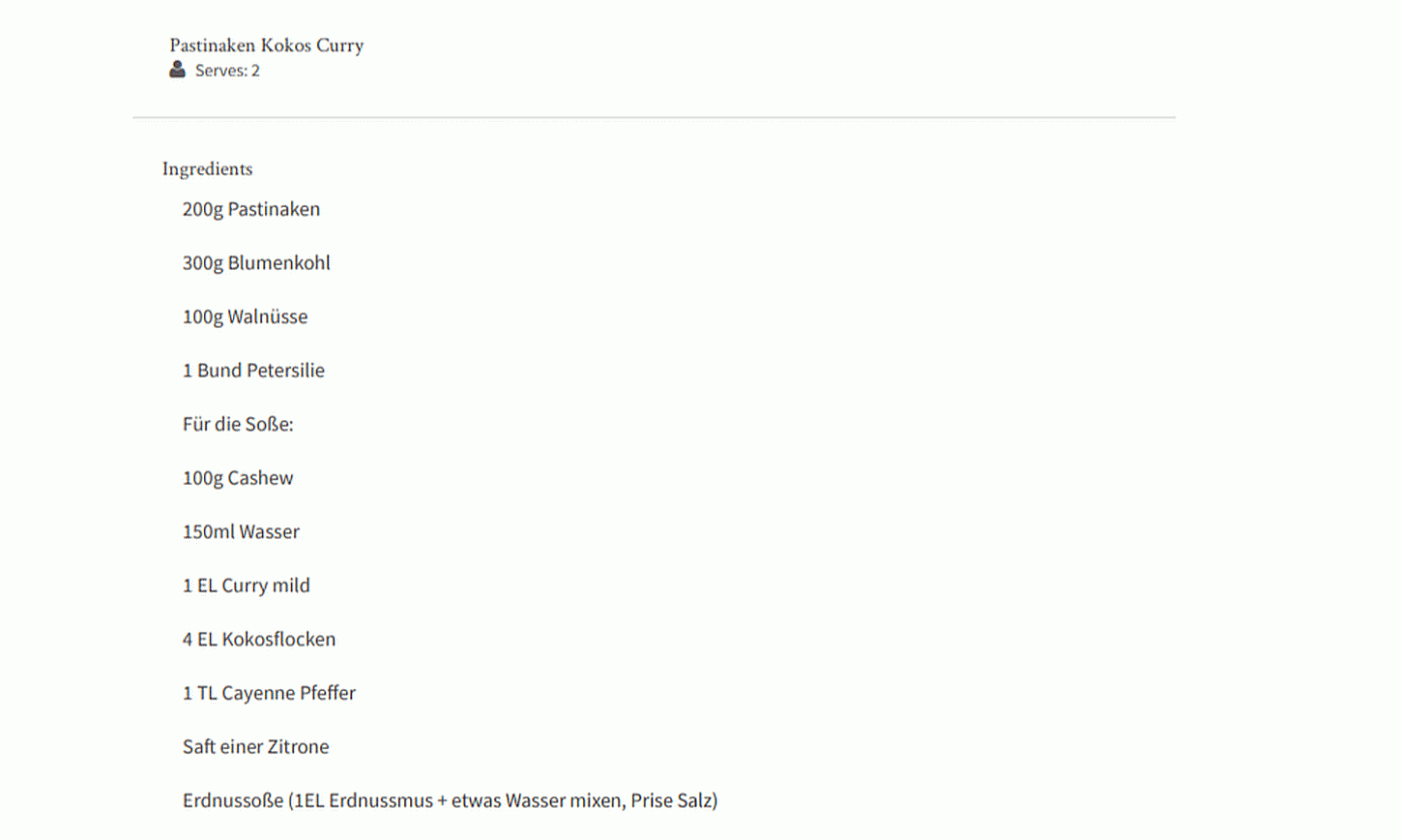 Ingredients list for "Parsnip Coconut Curry" from "Vminh - Smile & Shine" (viet-minh.de)