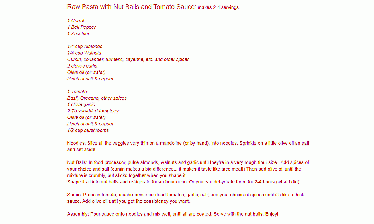 Recipe (English) "Raw Pasta with Tomato Sauce and Nut Balls" from blog "This Rawsome Vegan Life".