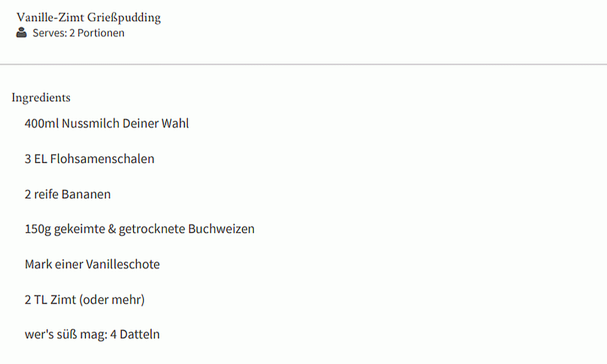 Ingredients list for "Vanilla-Cinnamon Semolina Pudding" from "Vminh - Smile & Shine" (viet-minh.de)