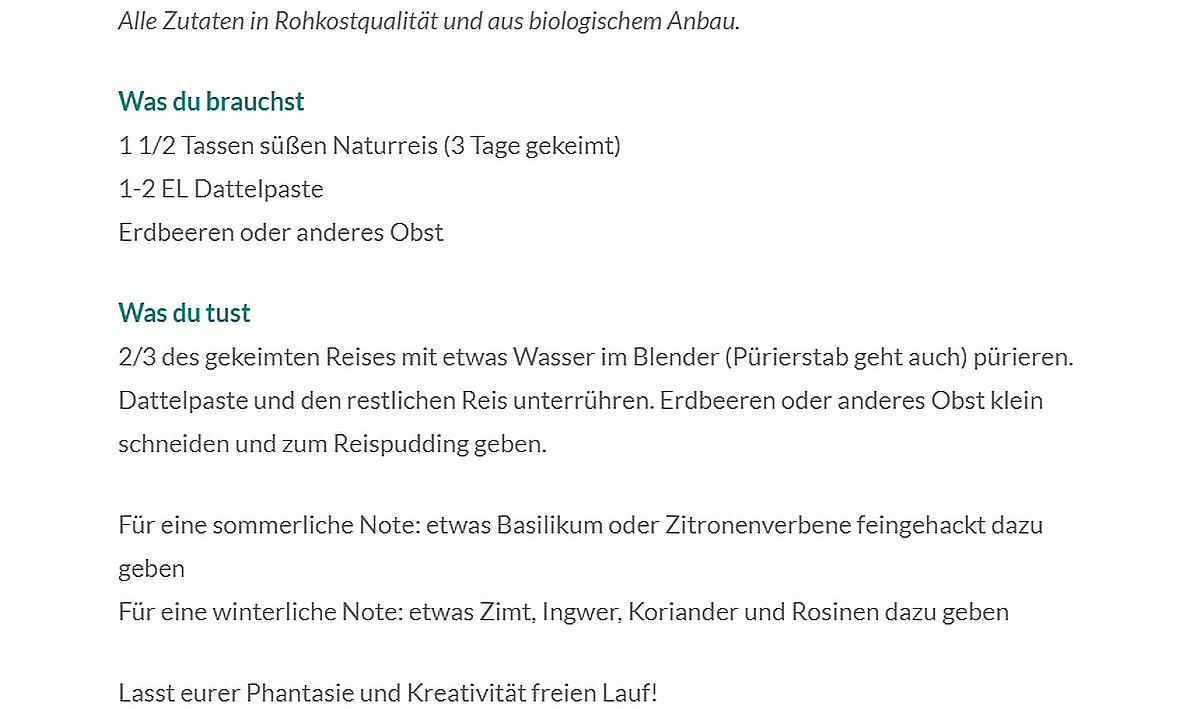 Rezept "Roher Reispudding mit Erdbeeren" aus dem Blog "Tilias Rohkostleben" von Daniela Pongritz.