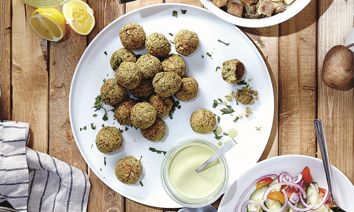 Prepared "Baked Green Falafel"  by Terry Hope Romero, arranged on a plate. Prepared "Baked Green Falafel"  by Terry Hope Romero, arranged on a plate.