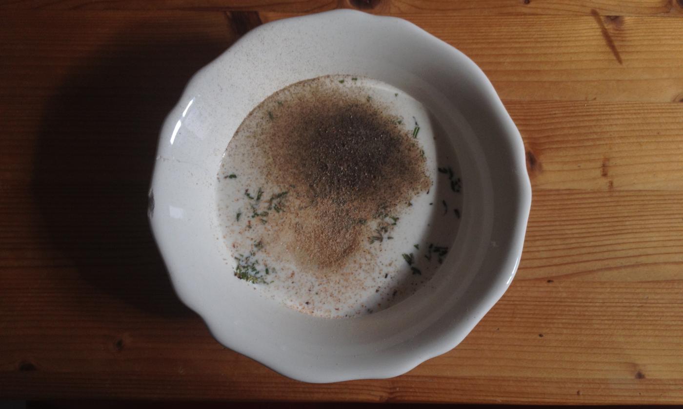 Soy cream with spices and rosemary just before whisking for the "sweet potato gratin with rosemary and soy cream".