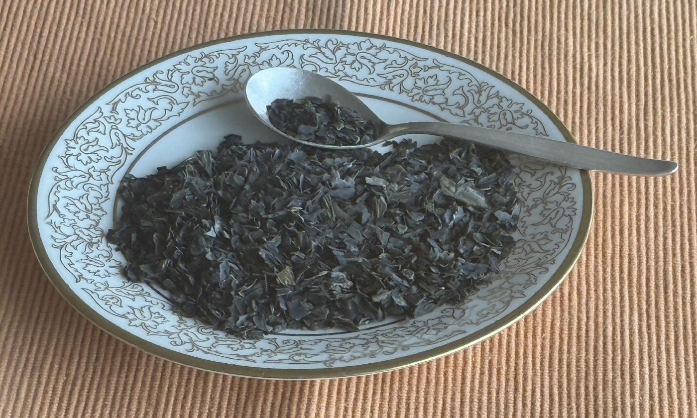 Wakame, getrocknet -  Undaria pinnatifida in kleinem Teller mit Kaffeelöffel.