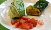 Fertig zubereitete "Wirsingrouladen mit Hokkaido und Quinoa an Tomatenragout", auf weissem Teller.