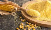 Harina de maíz, grano entero en tablero de cocina redondo. Es por eso que granos de maíz y pistones.