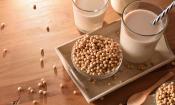 Se abre la leche de soja hecha en casa en vasos, al frente y al lado de la soja.