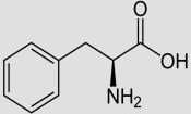 Struktur von L-Phenylalanin. Das D-Phenylalanin ist spiegelverkehrt und nur synthetisch herstellbar.