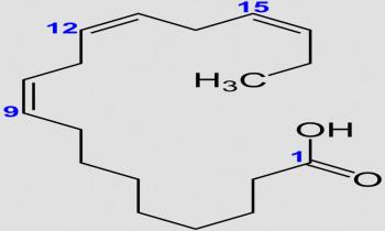 Fórmula estructural del ácido alfa-linolénico, un ácido graso omega 3 con 18 átomos de carbono y tres dobles enlaces (18:3).