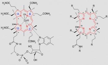 Estructura de la vitamina B12 (cobalamina) con cobalto como átomo central.