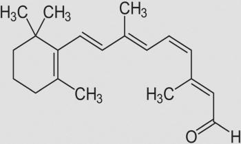 Struktur von 11-cis-Retinal. Es stammt von beta-Carotin und ist unverzichtbarer für das Sehvermögen.