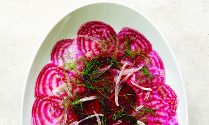 Chioggia Beet Carpaccio With Fennel and “Goat’s Cheese” | Foundation G+E