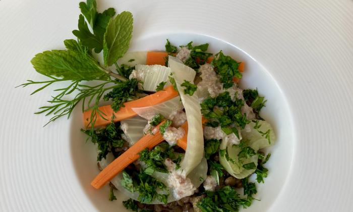 Warm lentil salad with fennel, carrot and herbs | Foundation G+E