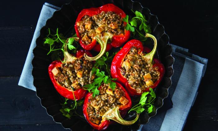 Red Peppers Stuffed with Buckwheat, Tofu and Olives | Foundation G+E