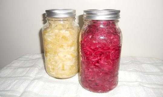 Sauerkraut, konserviert, abgefüllt in zwei Gläser, eines davon zeigt roten Inhalt aus Rotkohl. Sauerkraut, konserviert, abgefüllt in zwei Gläser, eines davon zeigt roten Inhalt aus Rotkohl.