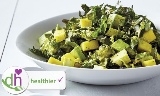 Image of the original recipe "Mango-Avocado-Kale Salad" from "The How Not To Die Cookbook" (p. 81)
