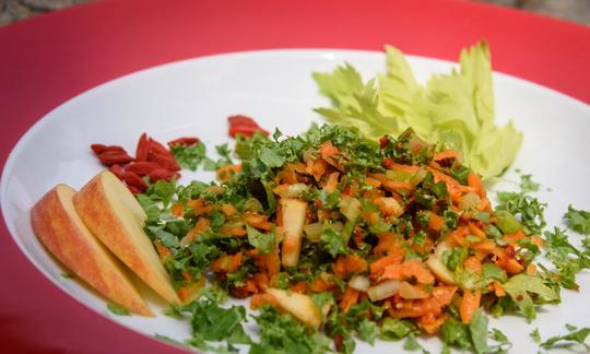 Apple Slaw with Gogi Berry Dressing prepared using the recipe in “Vegan for Her”, pp. 256–57