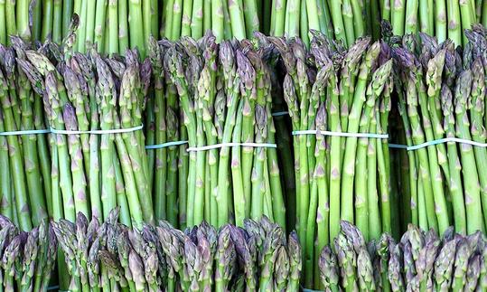 Espárragos verdes crudos (Asparagus officinalis) agrupados listos para la venta. Espárragos verdes crudos (Asparagus officinalis) agrupados listos para la venta.