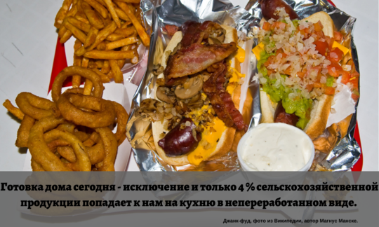 Коллаж: разные виды «джанк-фуда» с текстом: только 4% продуктов поступают необработанными на кухню.