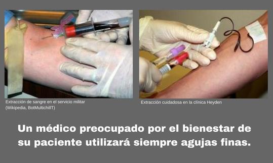 Un médico que se preocupa por el bienestar del paciente lleva agujas delgadas, p. 0.6 mm con manguer