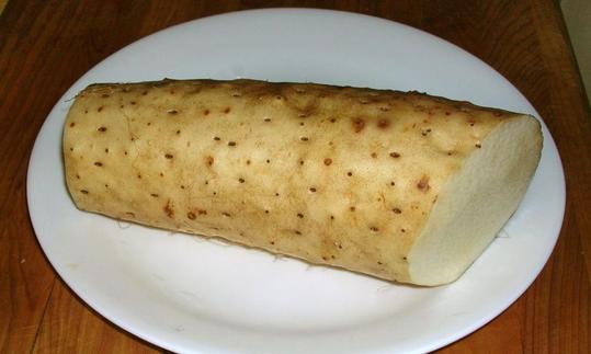 Chinese yam: Severed segment of a yam on a white plate. (Dioscorea).