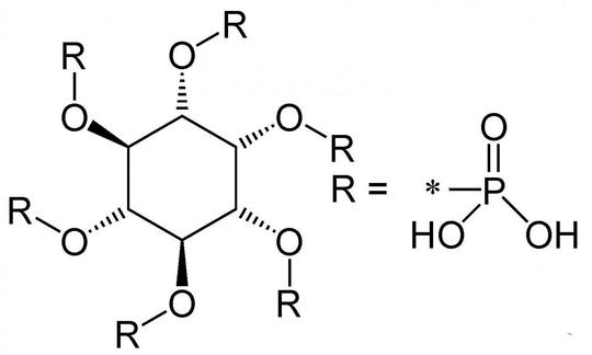 Fórmula estructural de ácido fítico (ácido fítico o éster de ácido hexafosfórico de mio-inositol.
