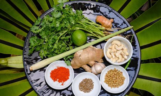 Ingredients for the Laksa curry paste with turmeric and ginger (separate recipe) on a plate. Ingredients for the Laksa curry paste with turmeric and ginger (separate recipe) on a plate.