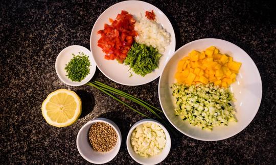 Cut ingredients for "Stuffed salad leaves with fruity mango chutney"