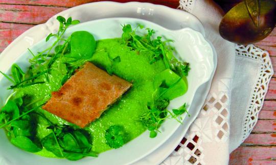 View from above of Vegetable Strudel with Frankfurt Green Sauce, now ready to serve