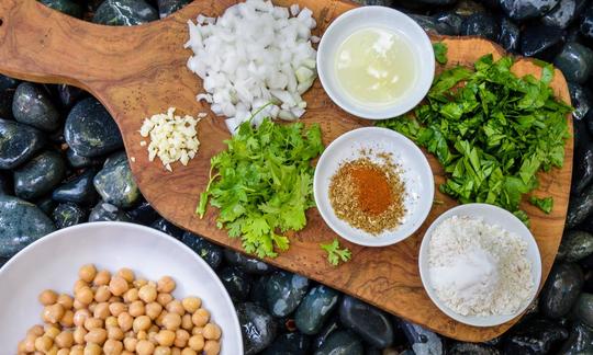 Prepared ingredients for Baked Green Falafel with Pea Protein from "Protein-Ninja", pp. 140-41